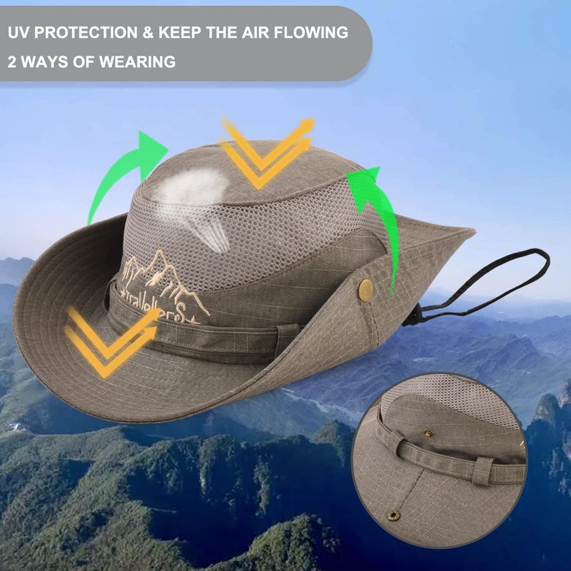 KeepSa Sun Hat for Men, Cotton Embroidery Summer Outdoor Sun Protection Wide Brim Bucket Hat Foldable Safari Boonie Hat Khaki - Image 3